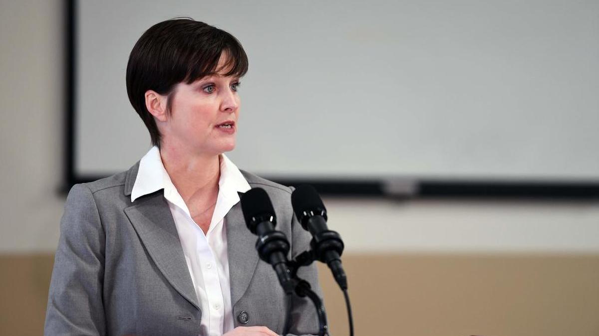 Insurance Commissioner Teresa Miller talks about options on Monday for flood insurance and grant funding speaks during a news conference at the Milesburg Community Center.
