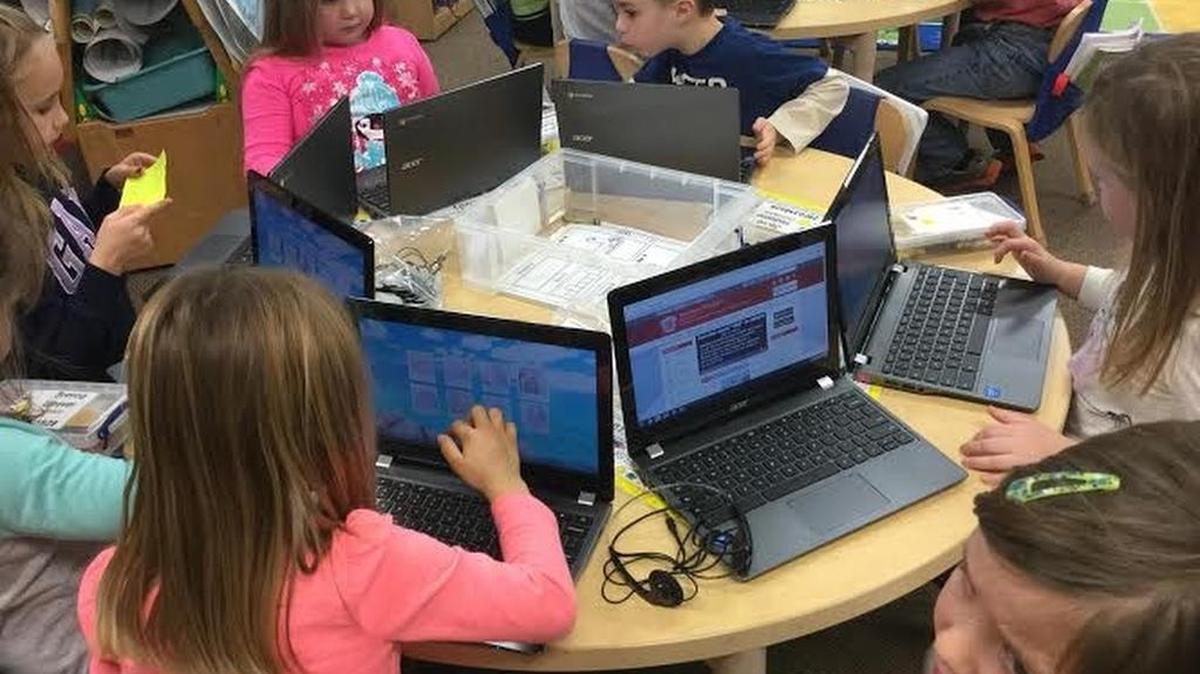 Cheryl DeCusati’s kindergarten class at Marion-Walker Elementary School learned how to computer code Wednesday using a game. During Computer Science Education Week, every kindergarten to fifth-grade student in the Bellefonte Area School district learned how to code during an national initiative called Hour of Coding.