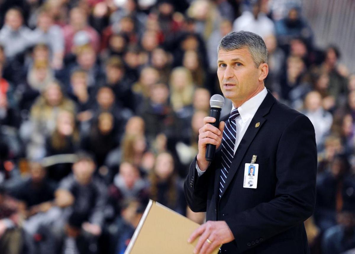 State College Area School District Superintendent Robert O’Donnell speaks at the pep rally before the opening for the new State College Area High School building on Jan. 8, 2018.