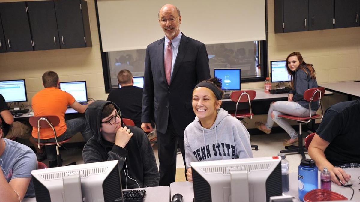 Gov. Tom Wolf visits a classroom at Bellefonte Area High School in July. Wolf signed Senate Bill 880 Wednesday to delay the graduation requirement associated with the Keystone Exams for two years, until the 2018-19 school year.