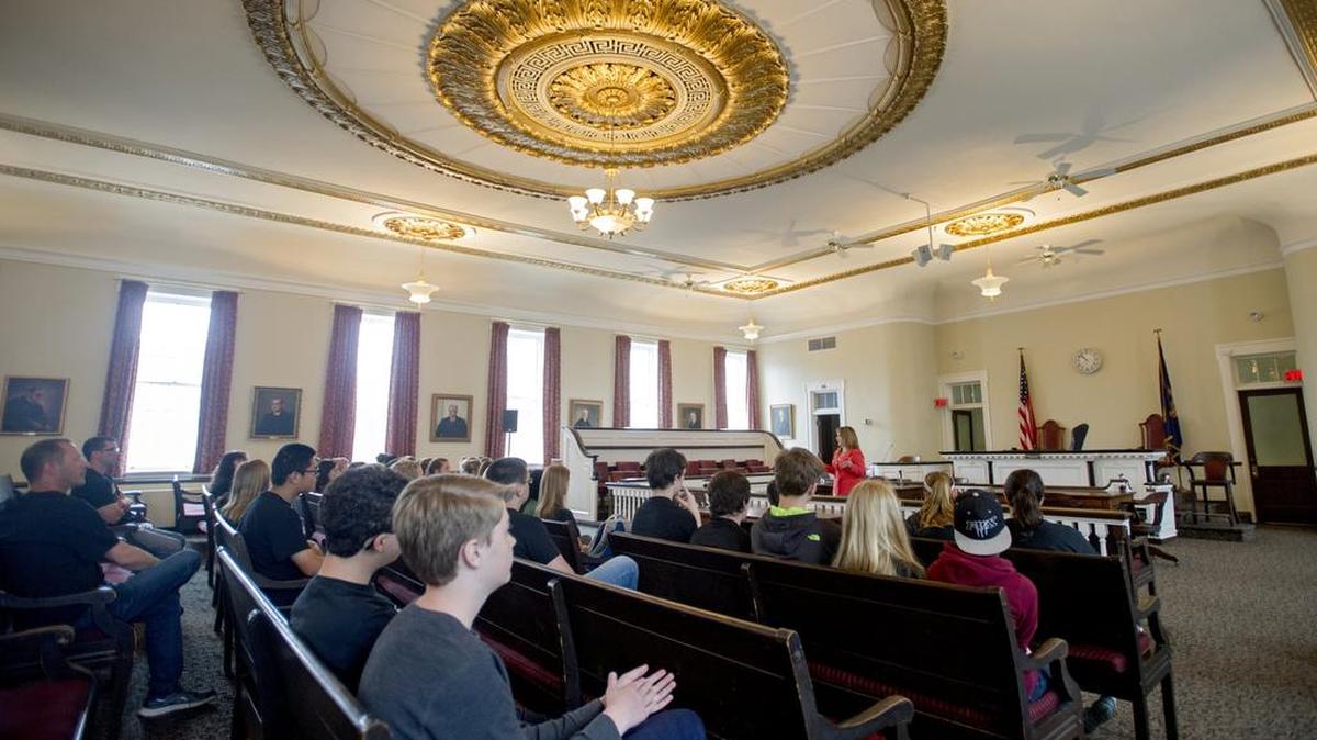 District Judge Kelley Gillette-Walker tells Park Forest Middle School eighth-grade students about the Centre County Courthouse on Friday. The main courtroom is one of the oldest courtrooms continuously used in Pennsylvania.