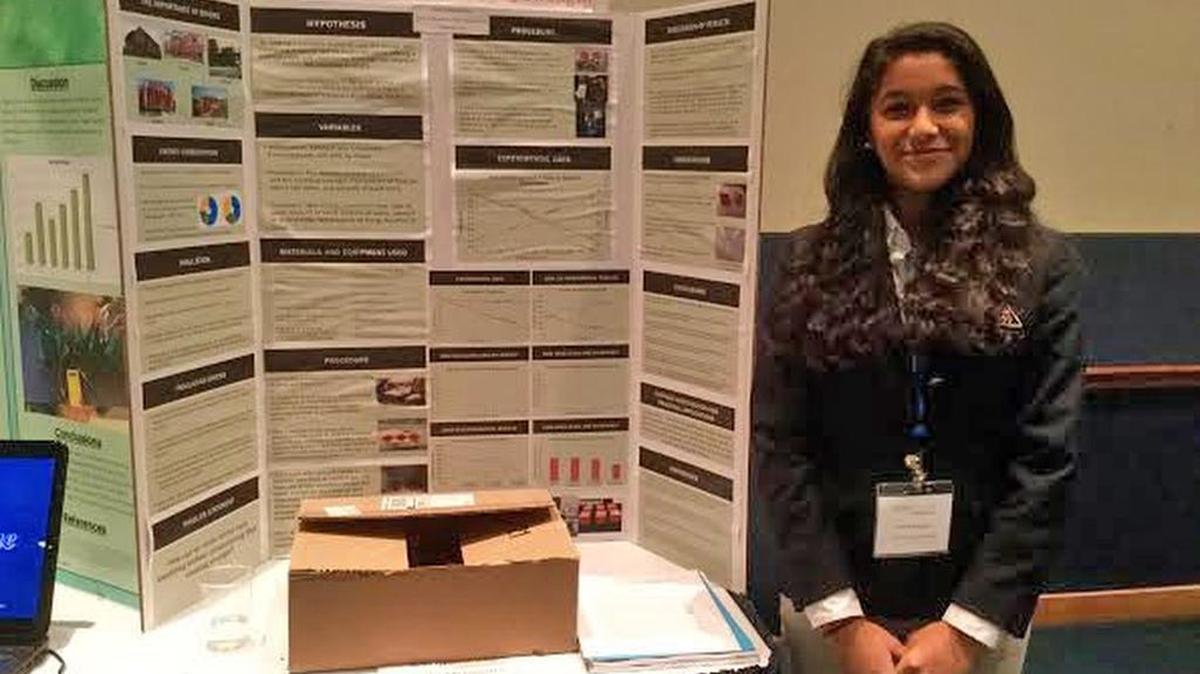 Isha Mohapatra presented her project Friday at the Energypath 2016 science fair at the Penn Stater Hotel and Conference Center that looks into way to make bricks more insulated.