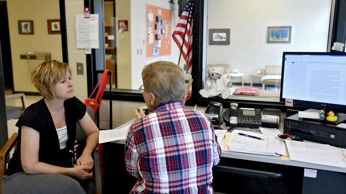Bellefonte Area nurses Val Fulton and Karen Truesdale chat about the upcoming school year in the high school’s nurses office on Monday.
