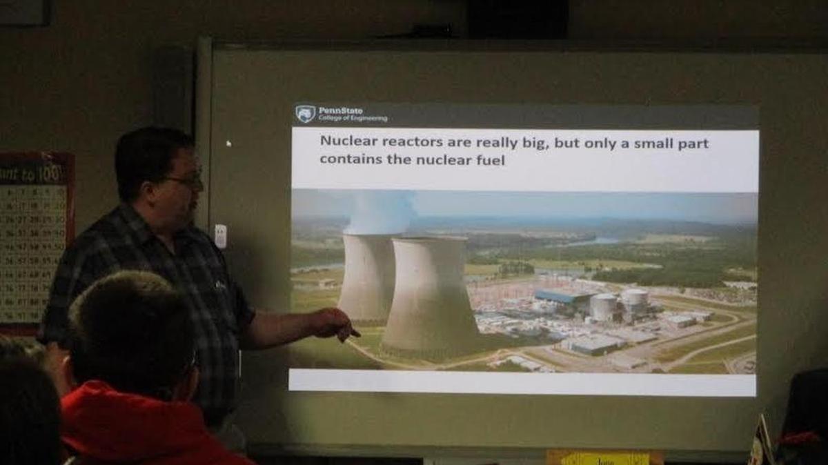 Penn State assistant professor Michael Tonks gives a presentation to Soaring Heights Students about nuclear energy.