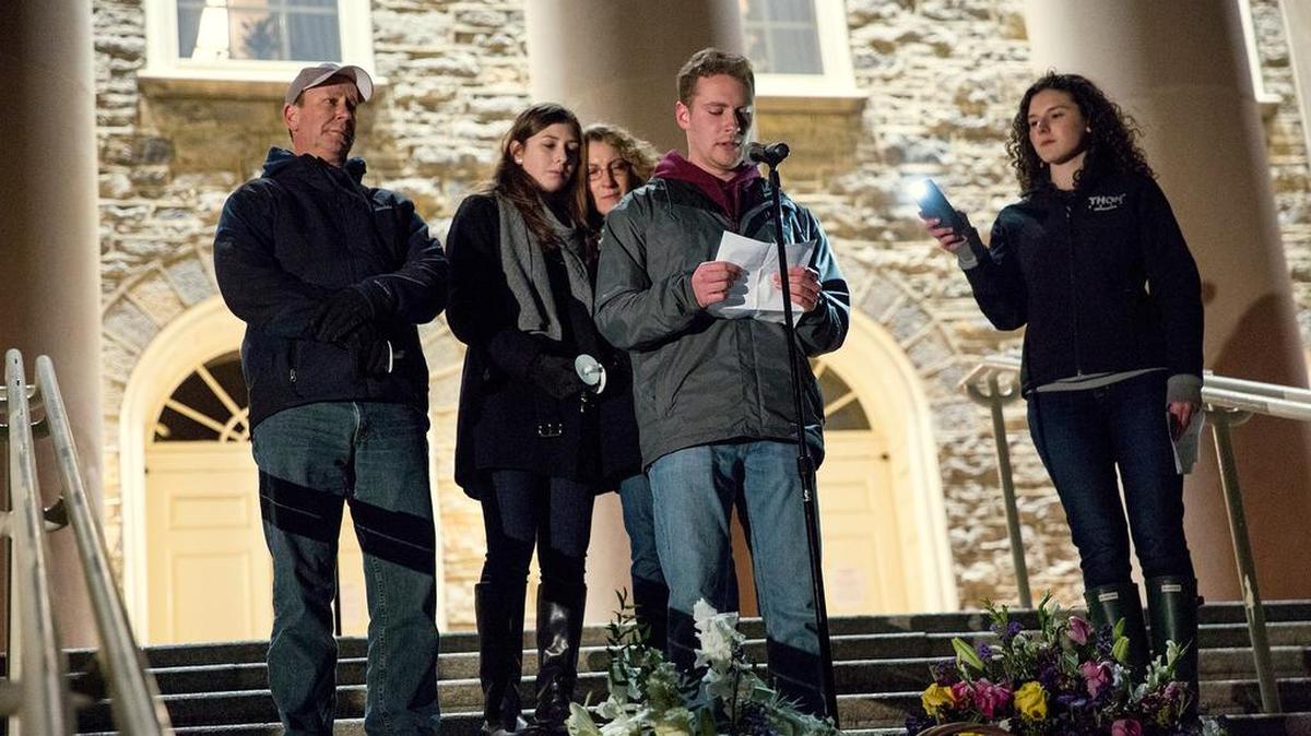 Michael Piazza shared memories of his brother Timothy Piazza, who died on Feb. 4, from injuries sustained from a fall at a campus fraternity house. A candlelight vigil was held Sunday night on the Old Main lawn to honor his memory.