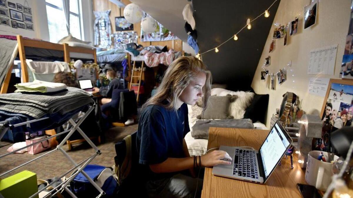 Caroline Coady works on her computer in her supplemental dorm room with six roommates on Sept. 13. The seven women share the room full of lofted beds in Sproul Hall at Penn State.
