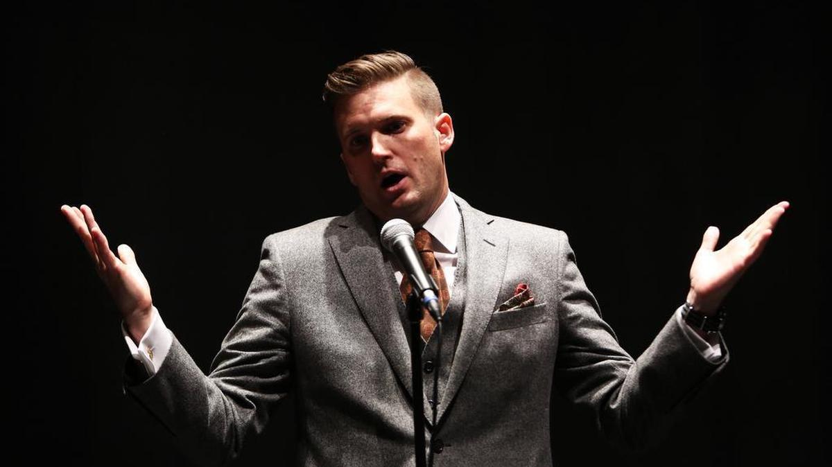 White nationalist Richard Spencer holds a news conference before giving a speech at the University of Florida in Gainesville, Fla., on Thursday.