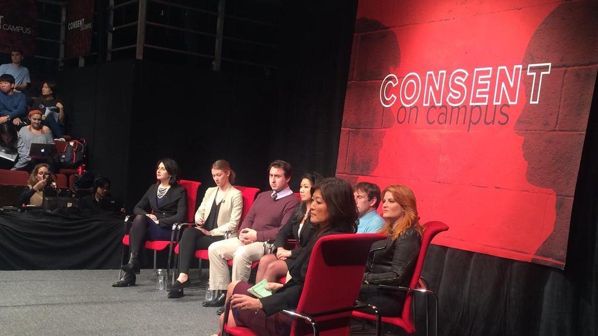 Gail Stern, Tove Danovich, Ian Tolino, Kimberly Lau, CD Mock, Cheryl Arutt and moderator Juju Chang discuss consent Wednesday on Penn State’s campus.