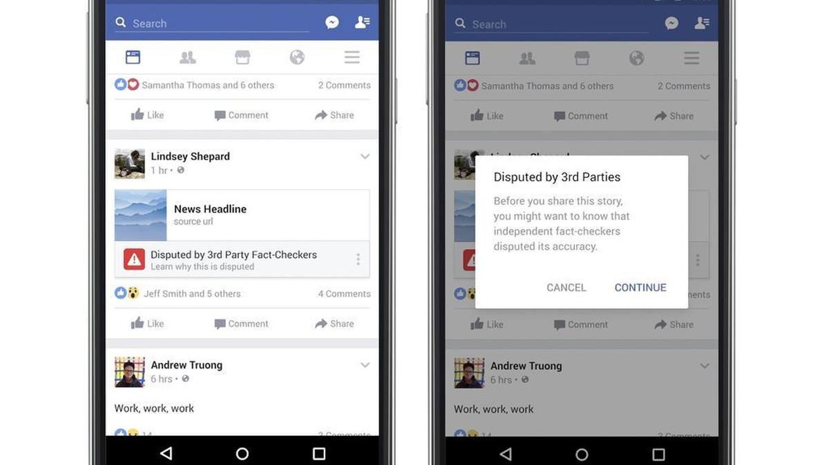 This photo combo of images provided by Facebook demonstrates some of the new measures Facebook is taking to curb the spread of fake news on its huge and influential social network. The company is focusing on the “worst of the worst” offenders and partnering with outside fact-checkers to sort honest news reports from made-up stories that play to people’s passions and preconceived notions.