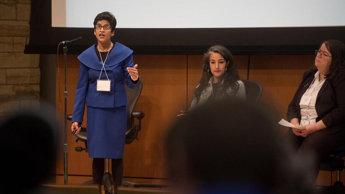 Shoba Sivaprasad Wadhia shares information about immigrants’ rights during a teach-in at the Lewis Katz law building on Penn State’s campus in January 2017.