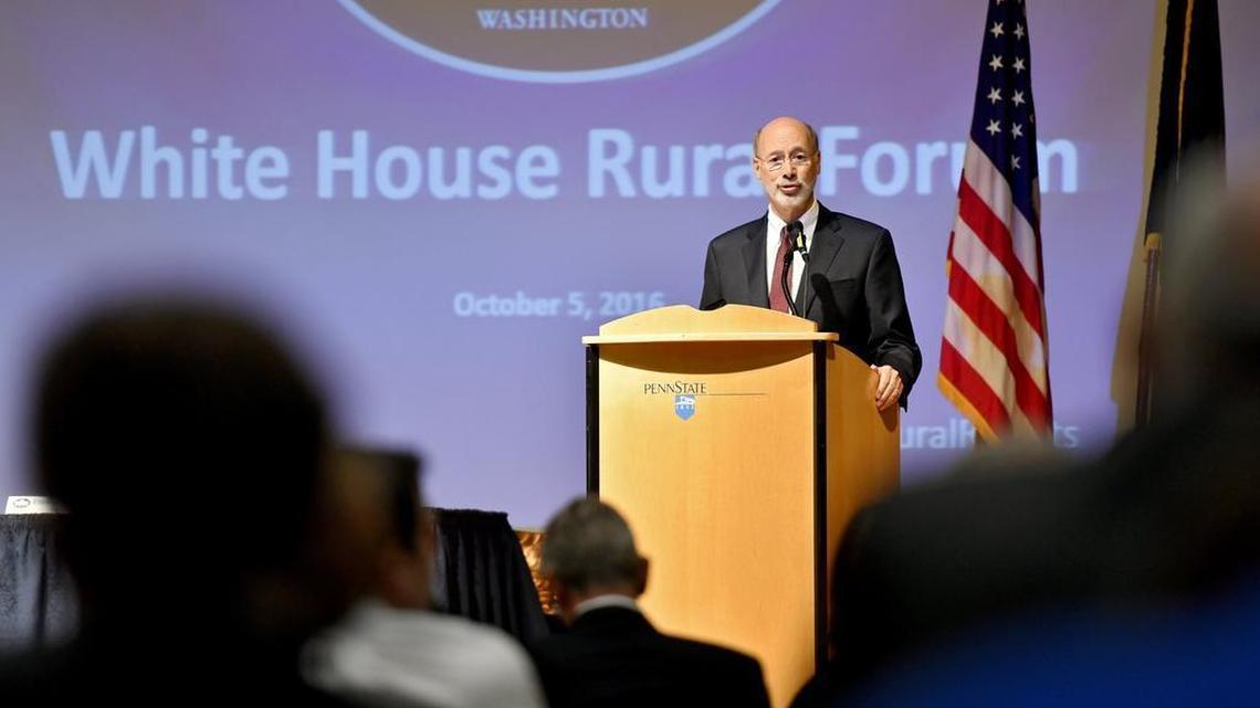 Pennsylvania Gov. Tom Wolf speaks Wednesday during the White House Rural Forum in Heritage Hall at Penn State’s HUB-Robeson Center . Wolf mentioned how he returned to York County after living in other other countries as part of the Peace Corps.
