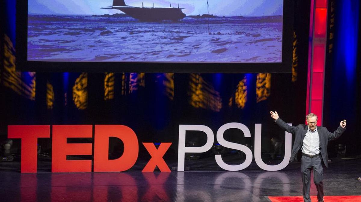 Penn State professor Richard Alley, a climate scientist, discusses energy consumption and alternative energy sources during his talk at TEDxPSU on Sunday in Schwab Auditorium.