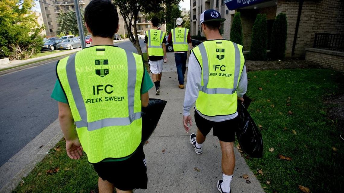 More than 50 Penn State fraternity brothers gathers to pick up trash in the highlands district of State College during the Interfraternity Council's Greek Sweep in 2014.