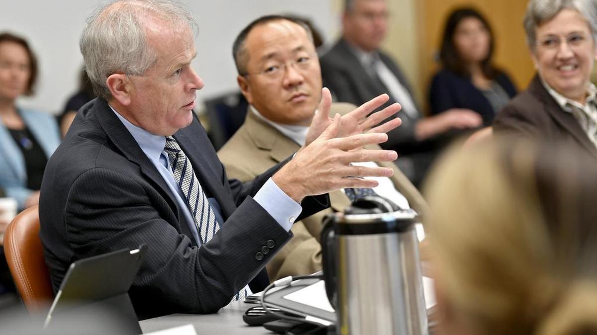Penn State Vice President and Provost Nicholas Jones gives an update on strategic plan implementation at the Board of Trustees meeting on Thursday at the Penn Stater Hotel and Conference Center.