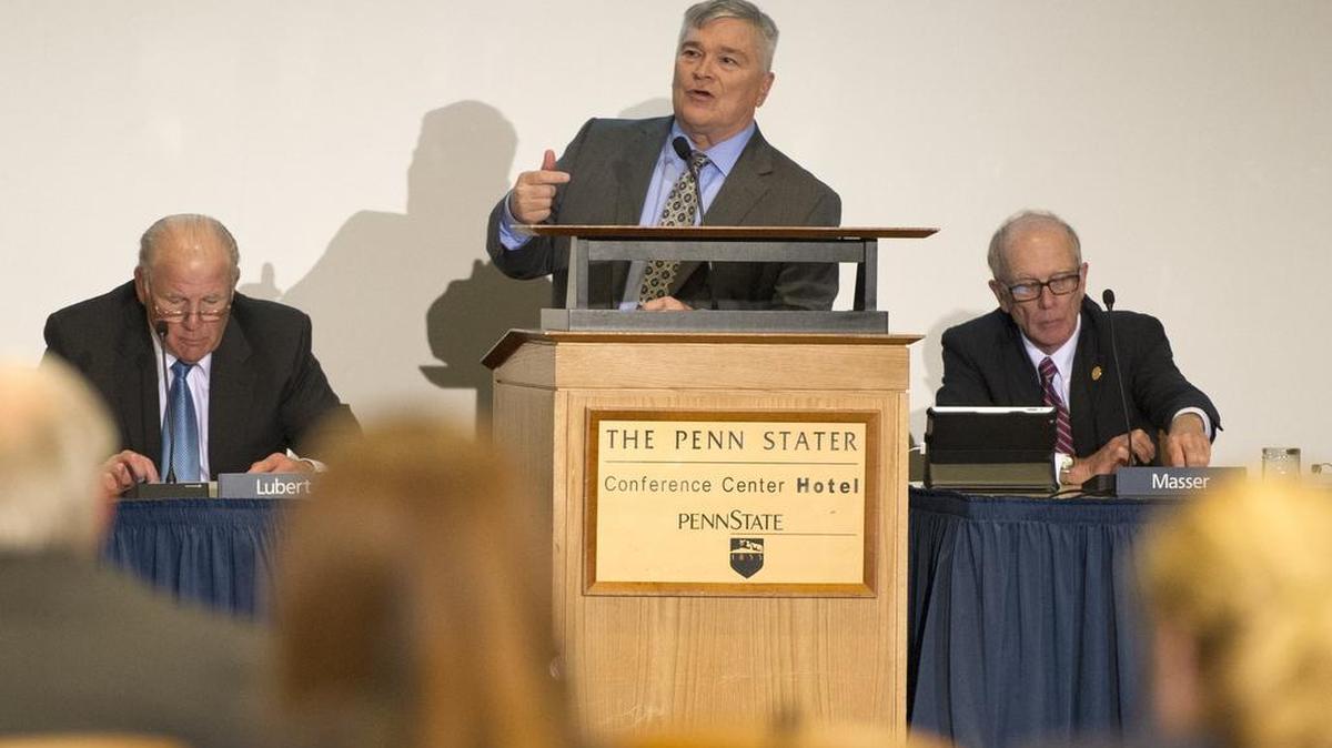 President Eric Barron speaks before the Penn State board of trustees on Friday, September 18, 2015.