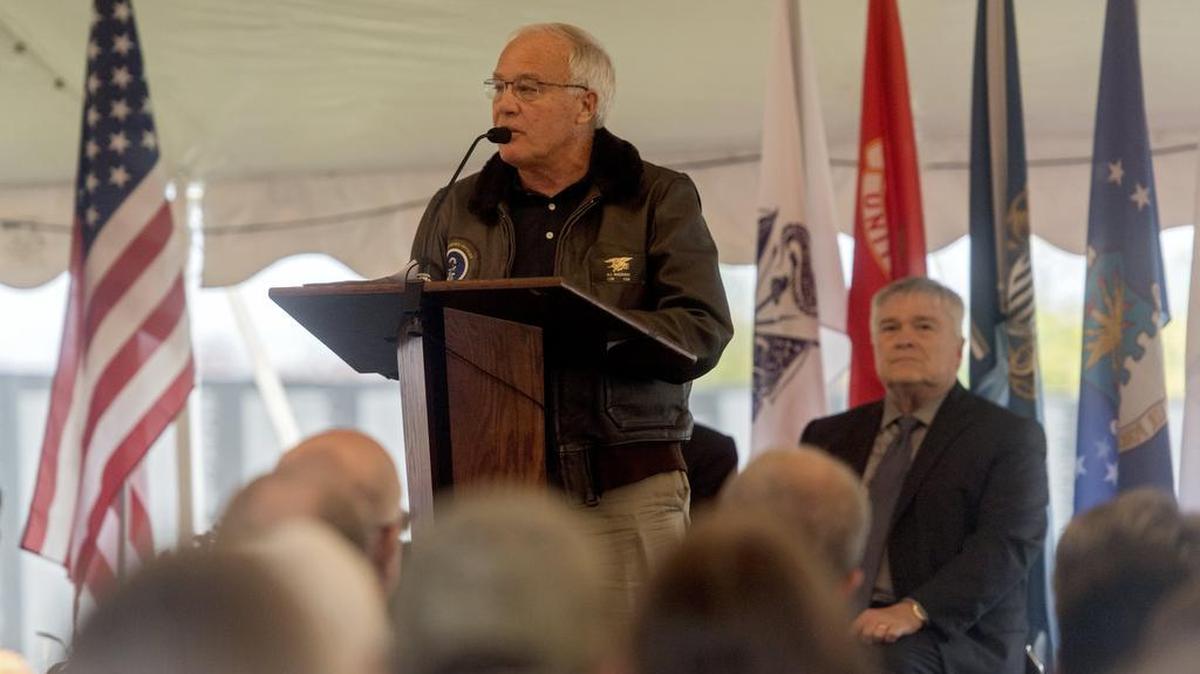 Ryan McCombie speaks during the opening ceremony for the Vietnam Memorial Traveling Wall at Penn State's Innovation Park in 2017.