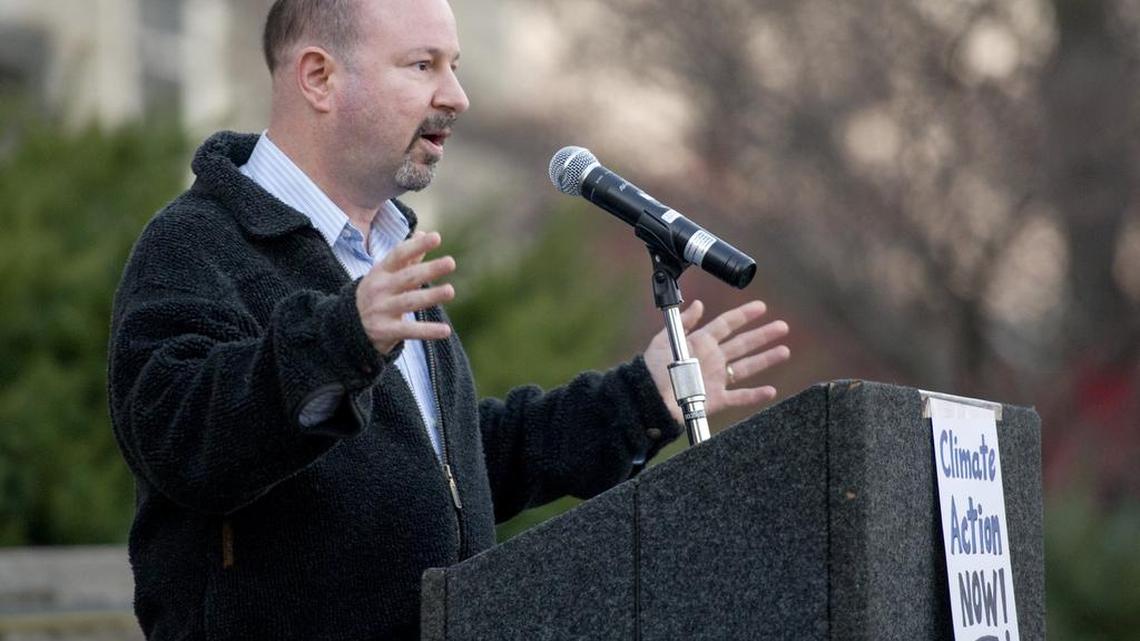 Penn State professor of meteoriology Michael Mann speaks during the Onward on Climate rally outside of Old Main in 2015. Mann said there is reason to be there is reason to be “cautiously optimistic” about President-elect Donald Trump and his climate change agenda.