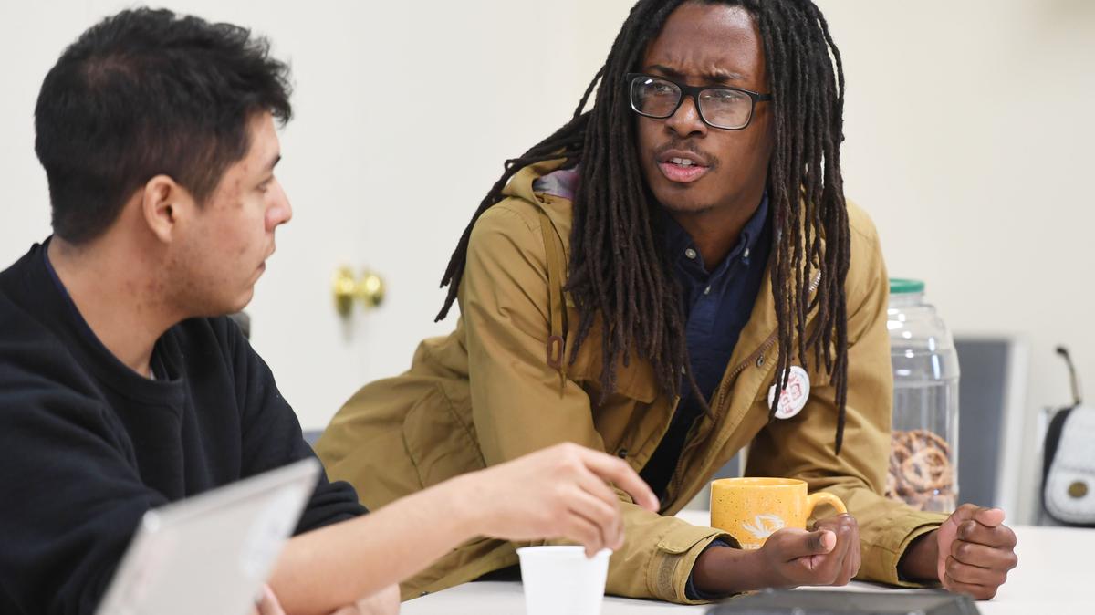 Coalition of Graduate Employees co-president Jerome Clarke speaks during a CGE leadership meeting Sunday, April 8, 2018, at the Pennsylvania State Education Association office in College Township. CGE has pushed for a graduate assistant unionization vote at Penn State, which begins Tuesday.