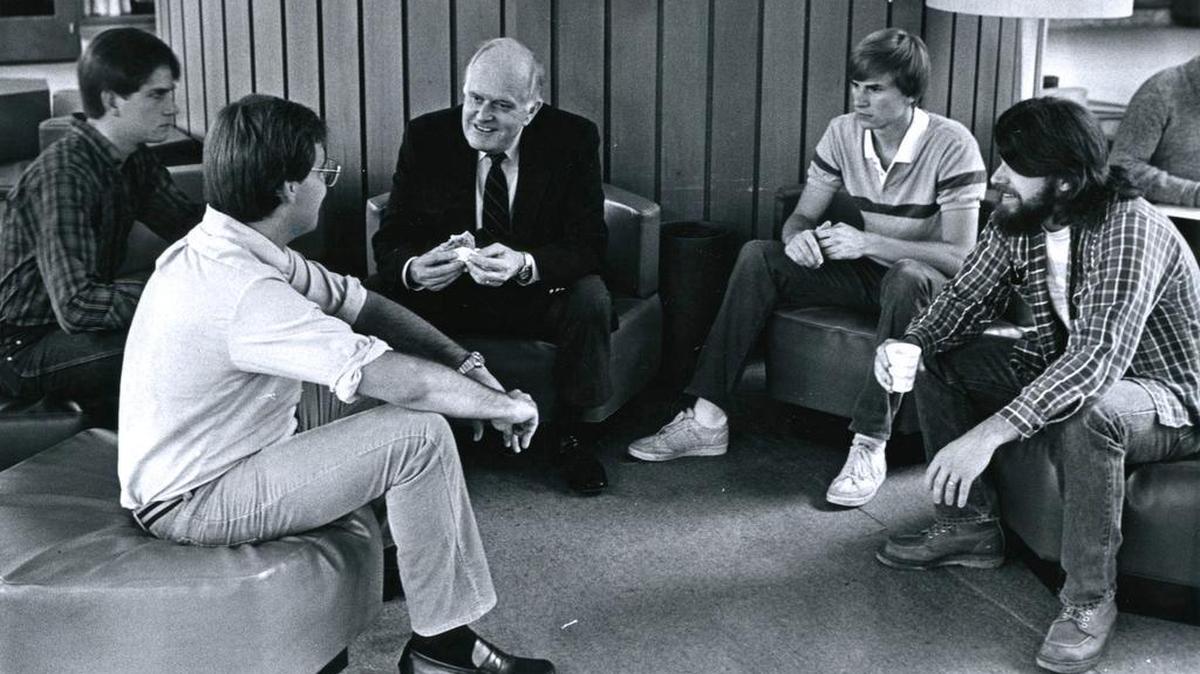 Former Penn State President Bryce Jordan, center, died Tuesday at his Texas home. He was 91.