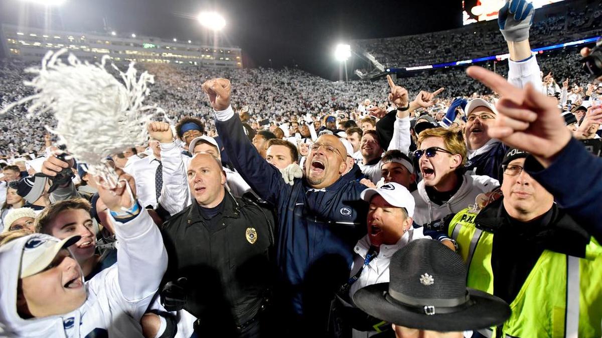 Penn State football coach James Franklin celebrates with the Penn State crowd after the 24-21 win over Ohio State on Saturday at Beaver Stadium.