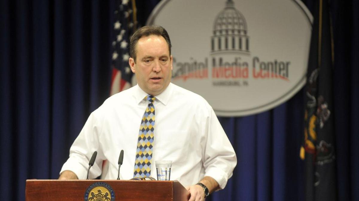 State Senate Majority Leader Jake Corman talks during a news conference in Harrisburg on Jan. 16, 2015, where he announced that he had reached a settlement with the NCAA to void all Penn State football sanctions.