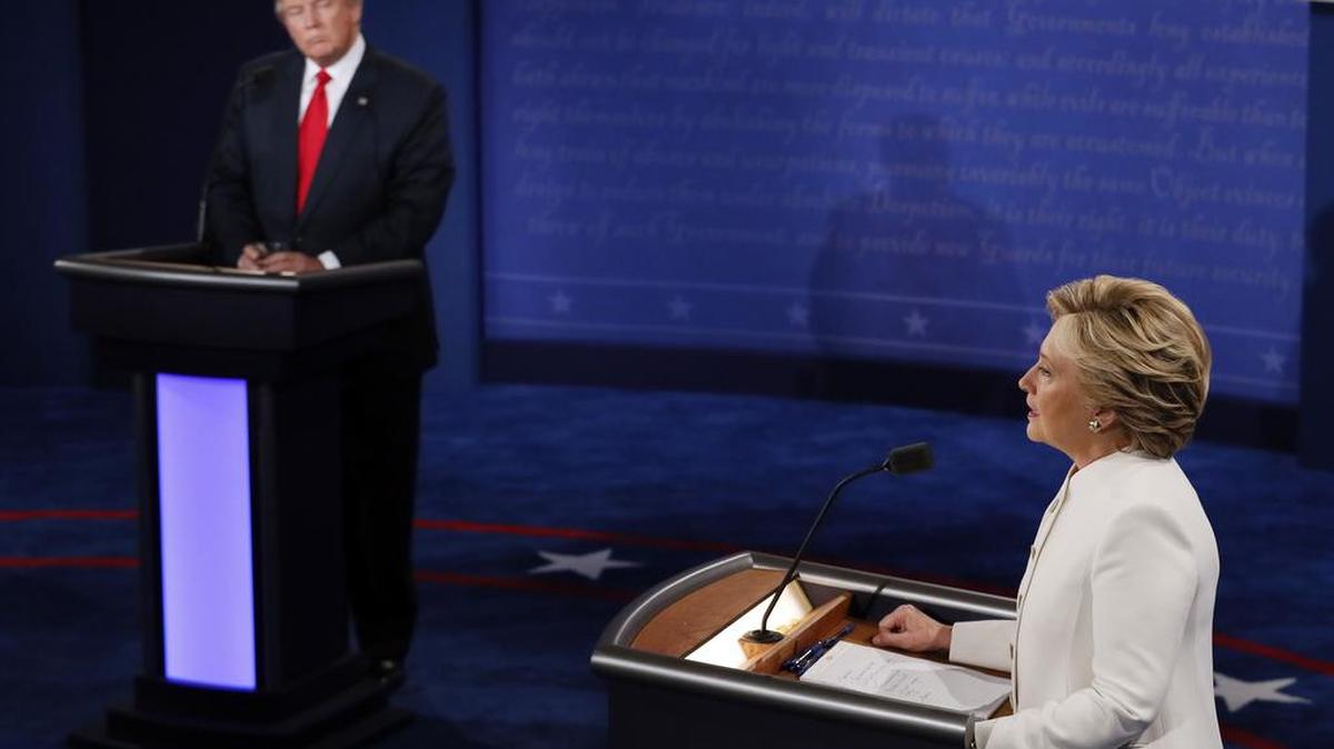 Democrat Hillary Clinton debates with Republican Donald Trump during the third presidential debate at UNLV in Las Vegas on Oct. 19.