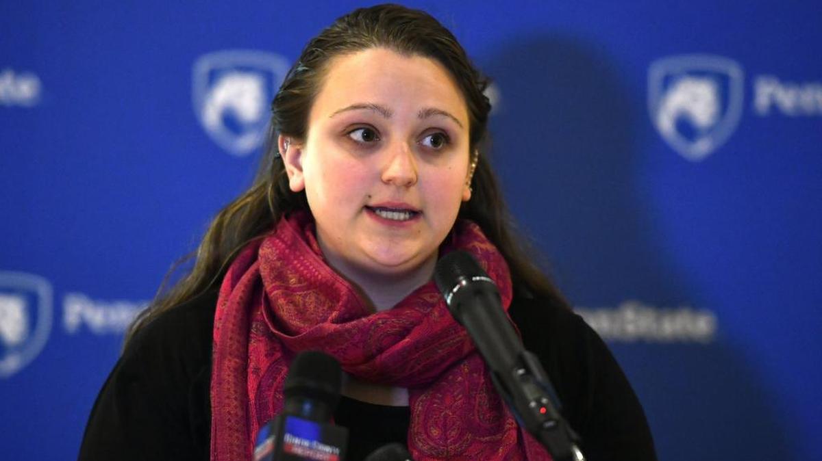 Penn State graduate student Anna Jantz speaks during a press conference on Wednesday during which the results of the 2015 Penn State Sexual Misconduct Climate Survey were revealed.