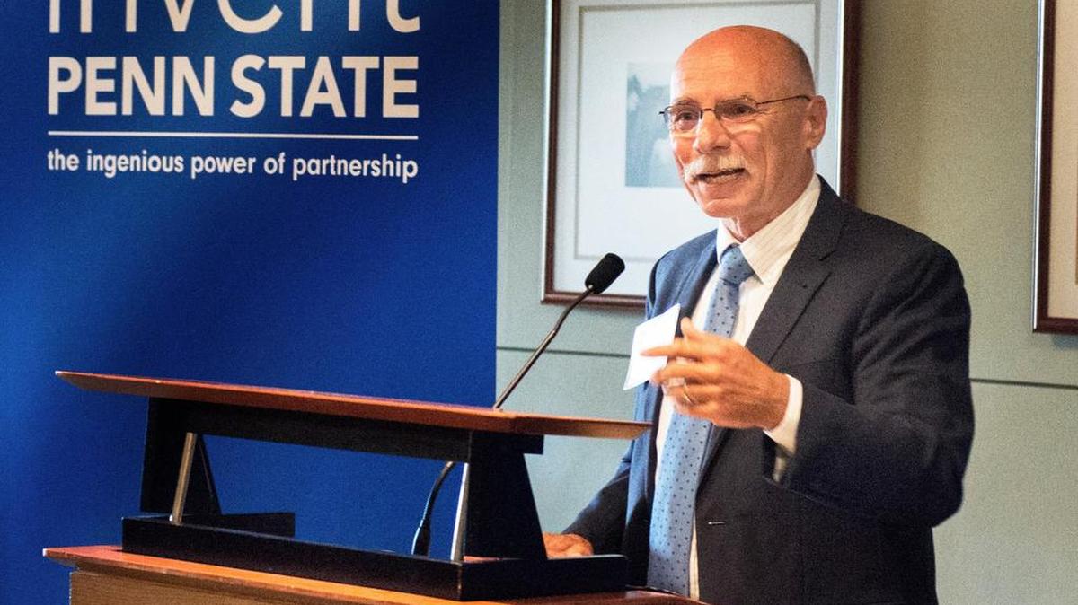 Penn State Vice President for Research Neil Sharkey discusses the newly announced partnership with U.K.-based Morgan Advanced Materials at a press event at the Penn Stater Conference Center Hotel on Tuesday.