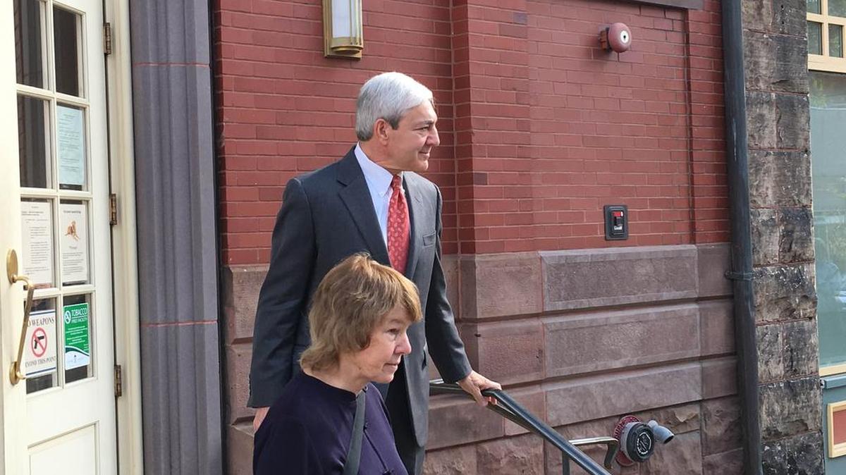 Former Penn State President Graham Spanier leaves the Centre County Courthouse Annex after a morning of testimony in the whistleblower trial of Michael McQueary.