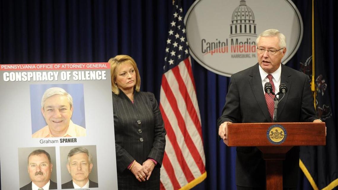 Pennsylvania State Police commissioner Frank Noonan talks about charges against former Penn State president Graham Spanier and additional charges against former vice president Gary Schultz and athletic director Tim Curley during a news conference at the Pennsylvania State Capitol Building in Harrisburg in 2012.