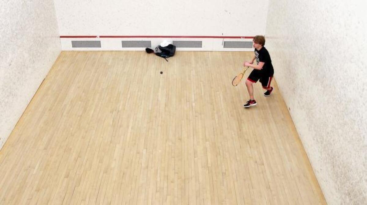Penn State seniors Charles Klimpel, left, and Dan Borowicz play squash Monday, Feb. 6, 2017 at Rec Hall.
