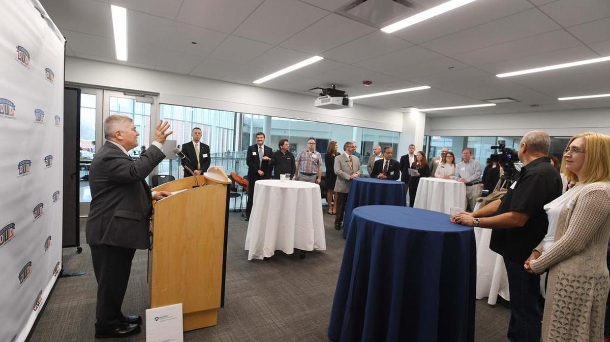 Penn State President Eric Barron speaks during a presentation on Tuesday of a check to the Penn State Military Fund at the HUB-Robeson Center.