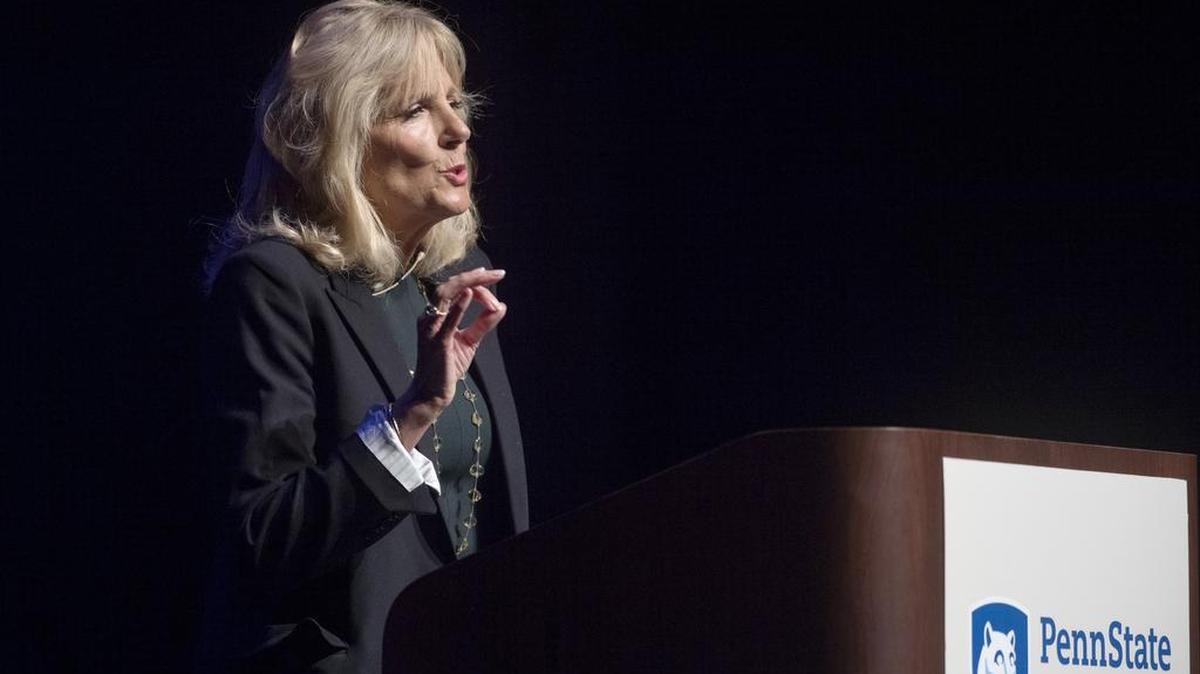 Former Second Lady of the United States Jill Biden speaks Tuesday during the SPA Distinguished Speaker Series.
