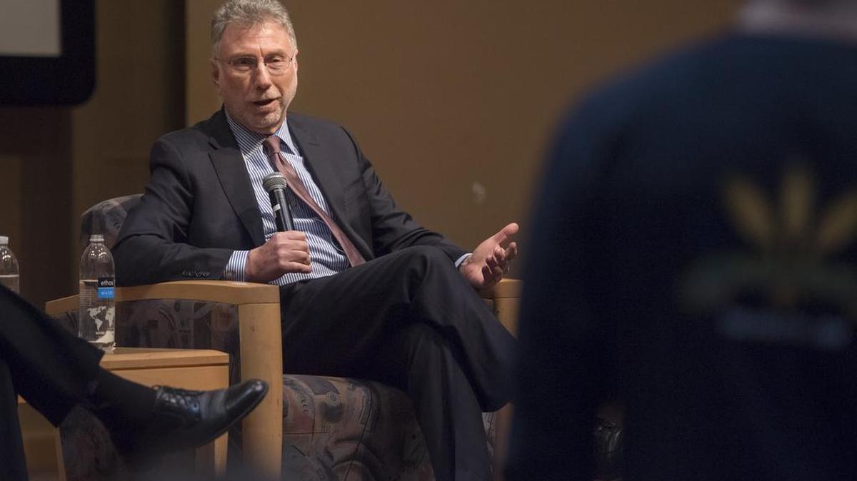 Washington Post Executive Editor Marty Baron speaks in Freeman Auditorium in the Penn State’s HUB-Robeson Center Tuesday as part of the College of Journalism Oweida Lecture in Journalism Ethics.