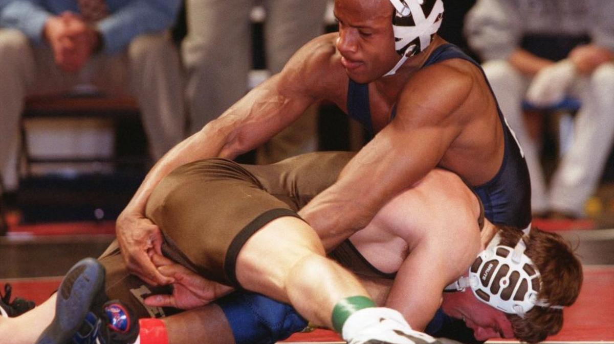Penn State's Nate Parker, top, and Lehigh's Matthew Goldstein vie for control during their 141-pound match during the 7th place dual meet of the 2001 Cliff Keen/NWCA National Wrestling Duals on Sunday, Jan. 21, 2001. The Mountain Hawks scored a 26-8 win over the Nittany Lions in the seventh-place match.