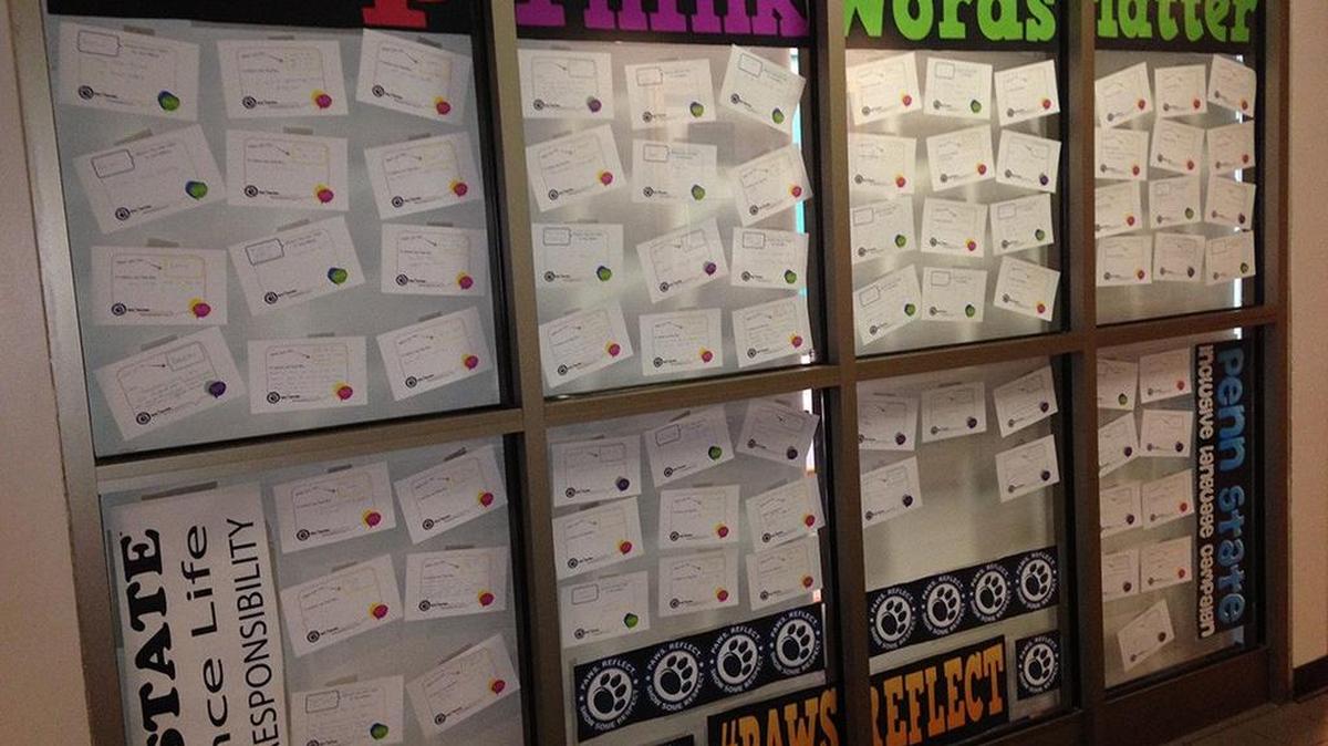 Dozens of cards are hung up in a commons building by Residence Life on April 29, 2015