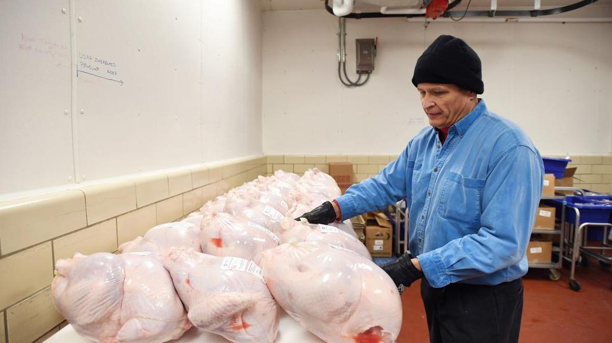 Philip Clauer organizes turkeys on Sunday at the Penn State Meat Lab in anticipation of the Penn State Poultry Science Club’s annual turkey sale, which starts Monday.