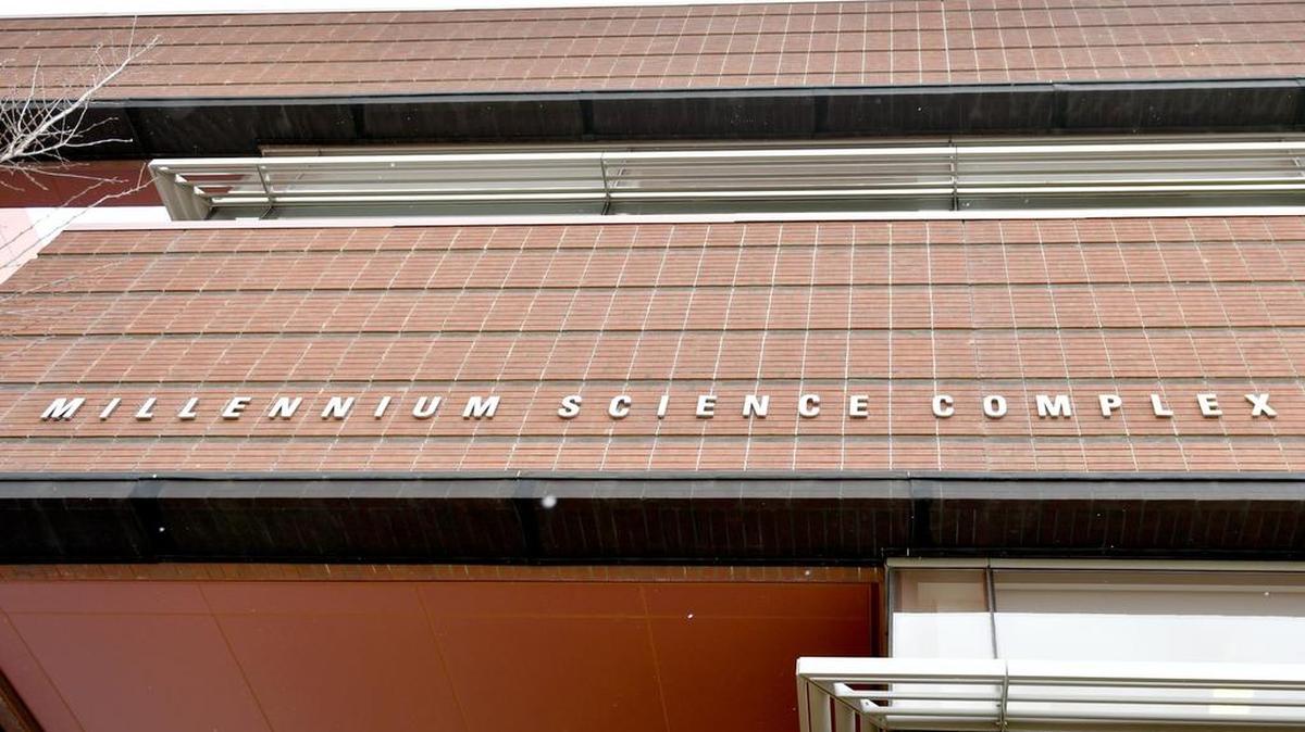 A black nets wrap the base of the overhang of Penn State’s Millennium Science Complex. In 2015, the Office of Physical Plant noticed some of the bricks on the multimillion-dollar building were cracking. The damaged bricks were removed, and the nets now act as a safety percaution in case of future damage.