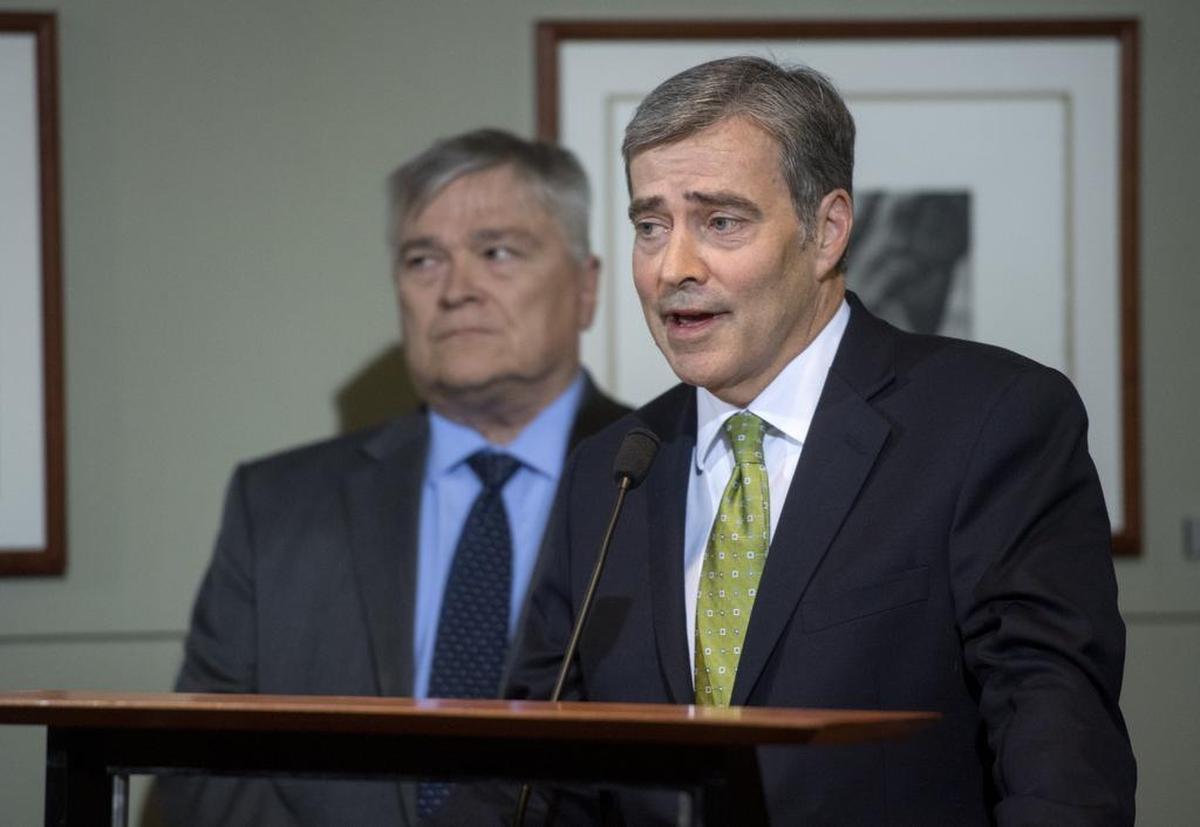 Penn State President Eric Barron, left, and Vice President of Student Affairs Damon Sims on May 5, 2017.