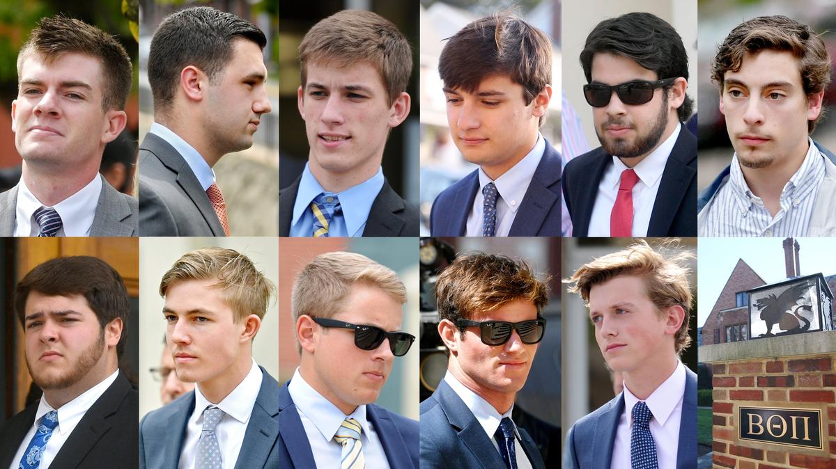 Beta Theta Pi brothers (top row, from left) Brendan Young, Daniel Casey, Joseph Sala, Michael Bonatucci, Nicholas Kubera, Jonah Neuman, (bottom row, from left) Gary Dibileo, Luke Visser, Lars Kenyon, Michael Shiavone and Parker Yochim are due in court Friday.