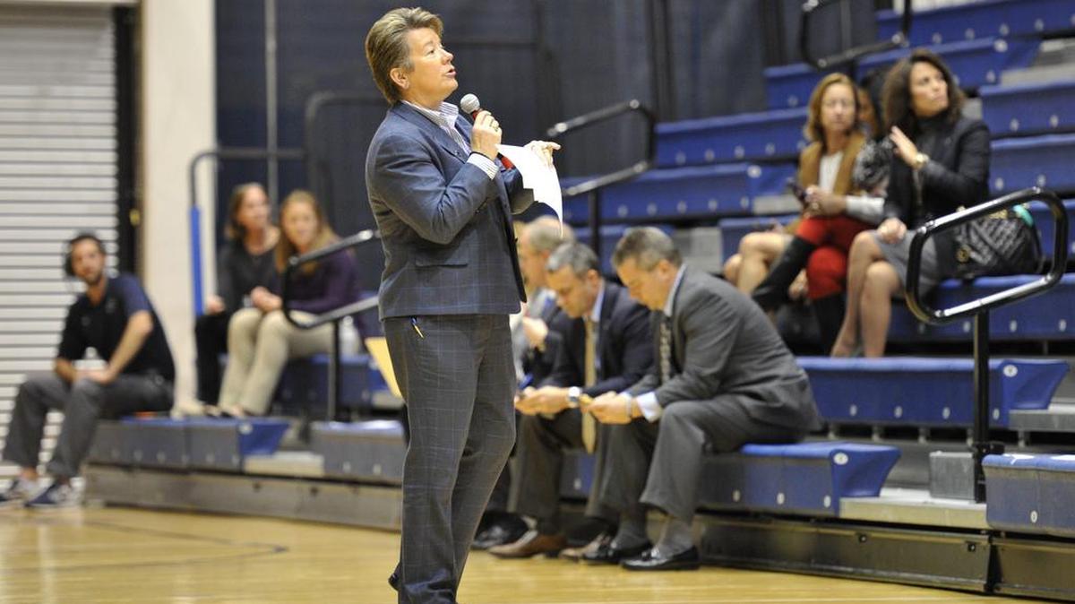 Penn State athletic director Sandy Barbour talks during a town hall meeting at Rec Hall on Wednesday, Nov. 4, 2015.