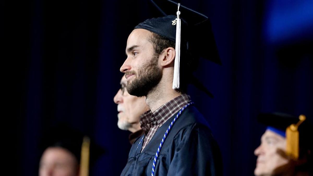 Stephen Zimmerer, of State College, is recognized as the marshal for the College of Arts and Architecture during Penn State Fall 2016 Commencement.