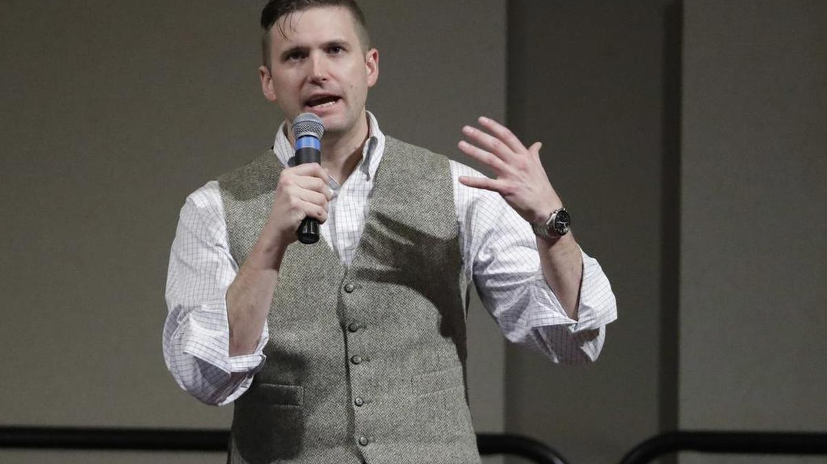 Richard Spencer, who leads a movement that mixes racism, white nationalism and populism, speaks at the Texas A&M University campus in College Station, Texas. A lawsuit has been filed against Michigan State University after it denied a request to rent space on campus for Spencer to speak in September. Spencer was also denied a request to speak at Penn State.