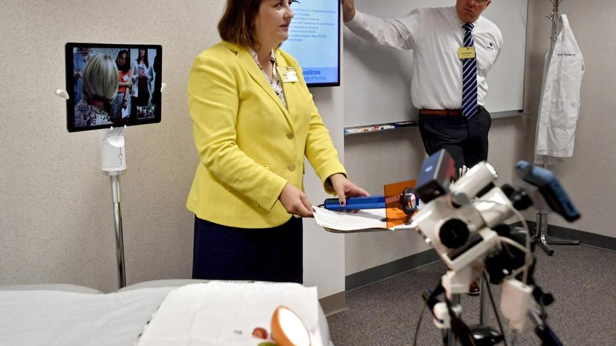 Cindy Bittner talks about the new Pennsylvania Sexual Assault Forensic Examination and Telehealth (SAFE-T) Center in the Penn State Nursing Building on Tuesday.