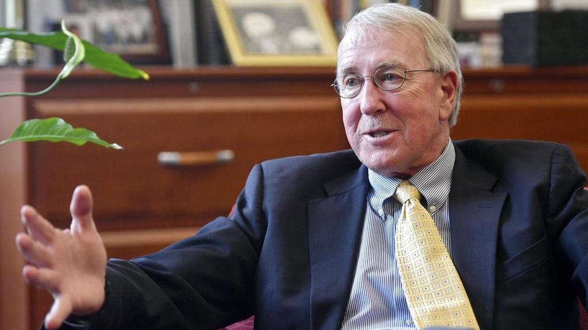 William Easterling, dean of Penn State’s College of Earth and Mineral Sciences, talks about letting scientists do what they’re good at in his office in Deike Building on May 12.