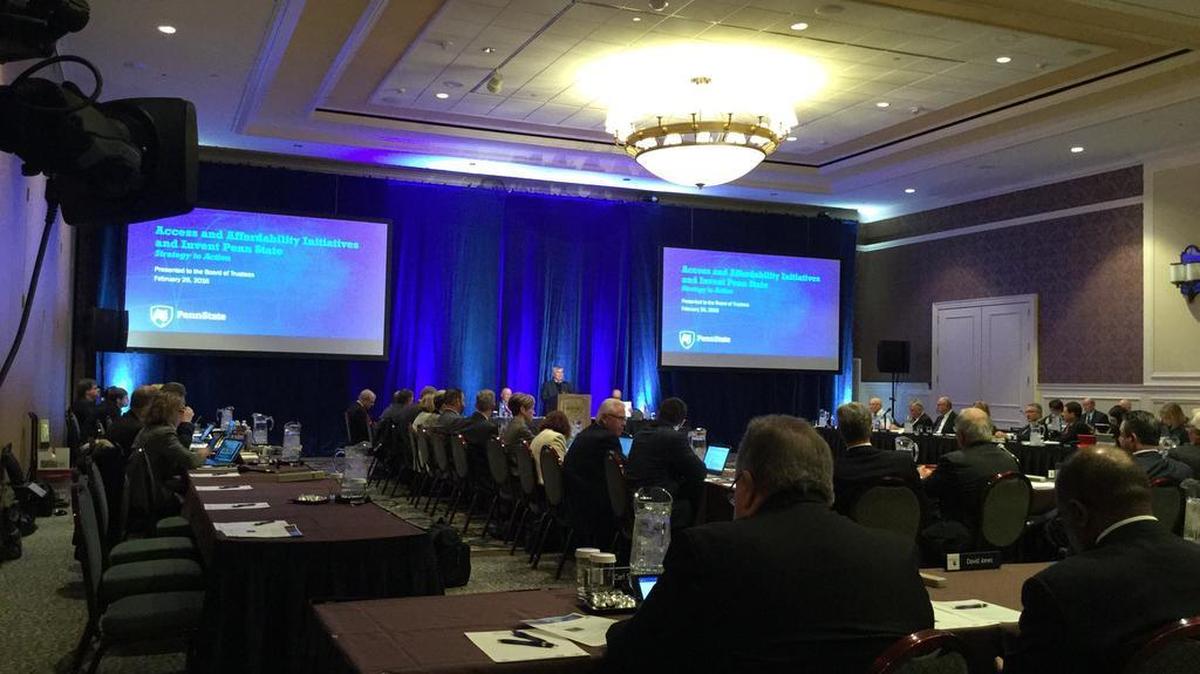 Penn State President Eric Barron addresses the board of trustees Friday in Hershey.