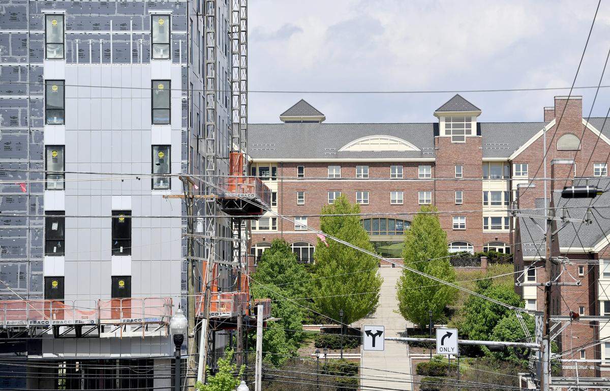 Construction at The Rise, one of several high-rise apartment buildings in State College, in 2019.