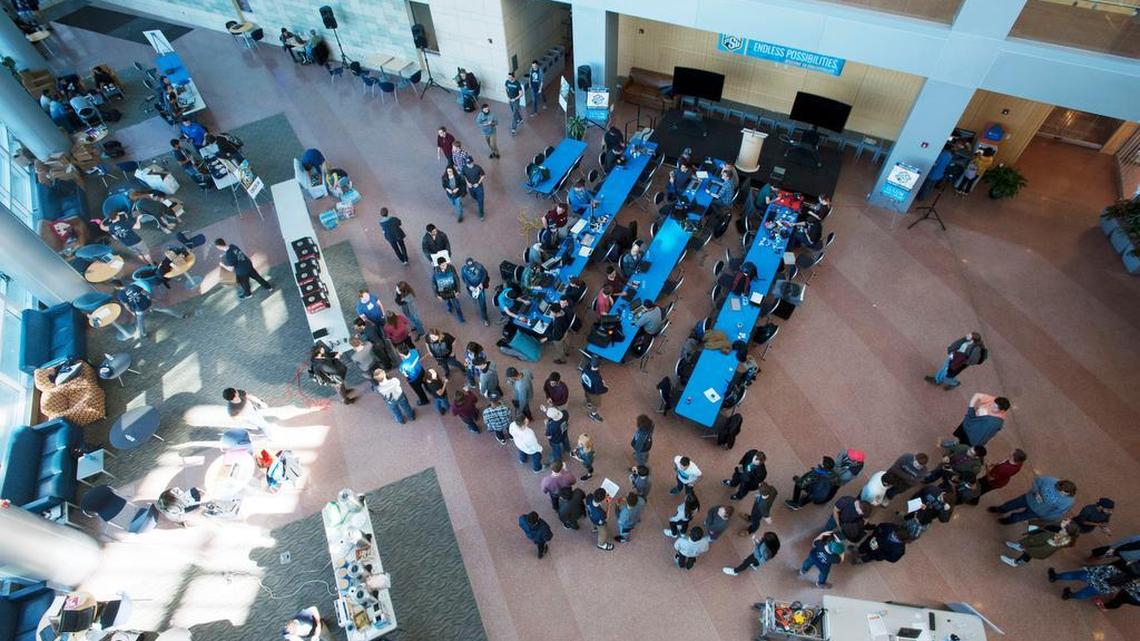 Students participate in HackPSU Saturday at Penn State’s Smeal College of Business Building.