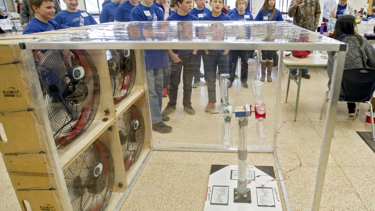 Wind Magedon teammates from Blossburg Elementary watch their wind turbine in the wind tunnel during the Pennsylvania KidWind Challenge at Bald Eagle Area High School on Saturday.