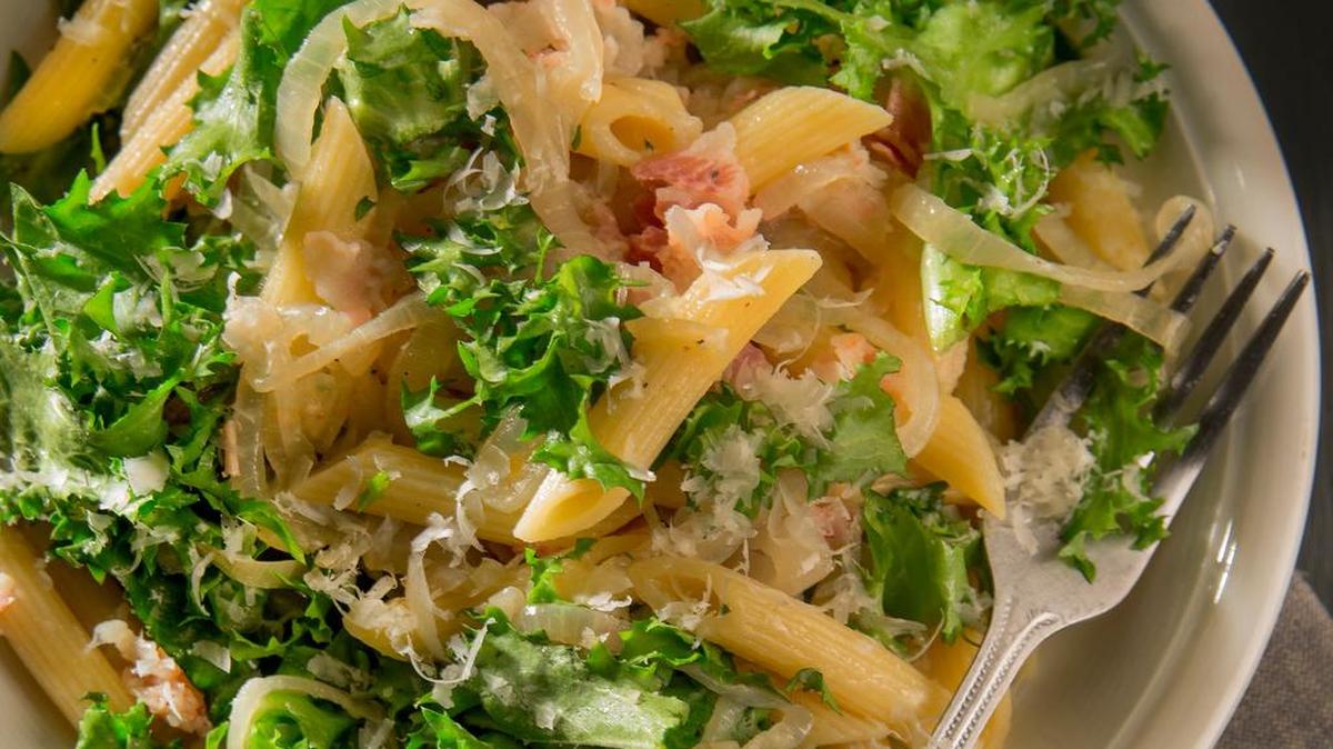 Penne with wilted escarole and crispy pancetta goes with a variety of wines from light and fresh to smoky and earthy.